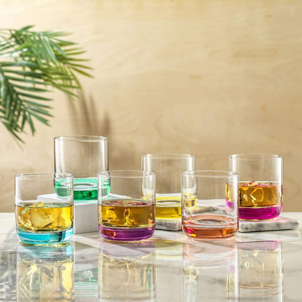 JoyJolt Hue Multi-Colored Glass Whiskey Tumblers, 10oz Set of 6
