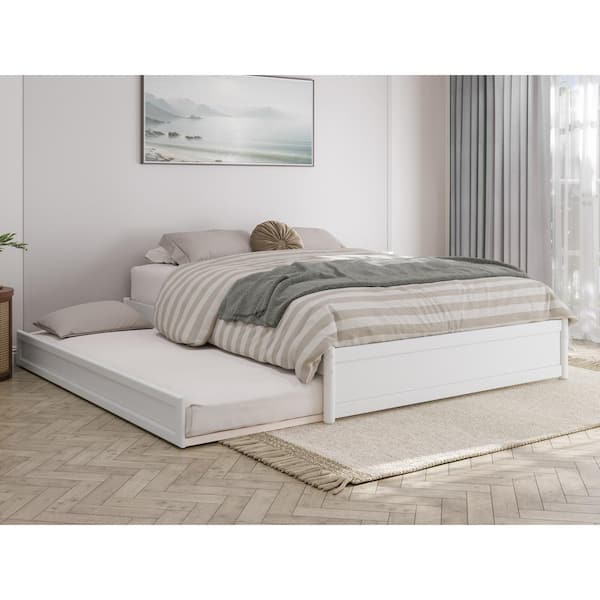 AFI Barcelona White Solid Wood Frame Queen Panel Platform Bed with Twin XL Trundle