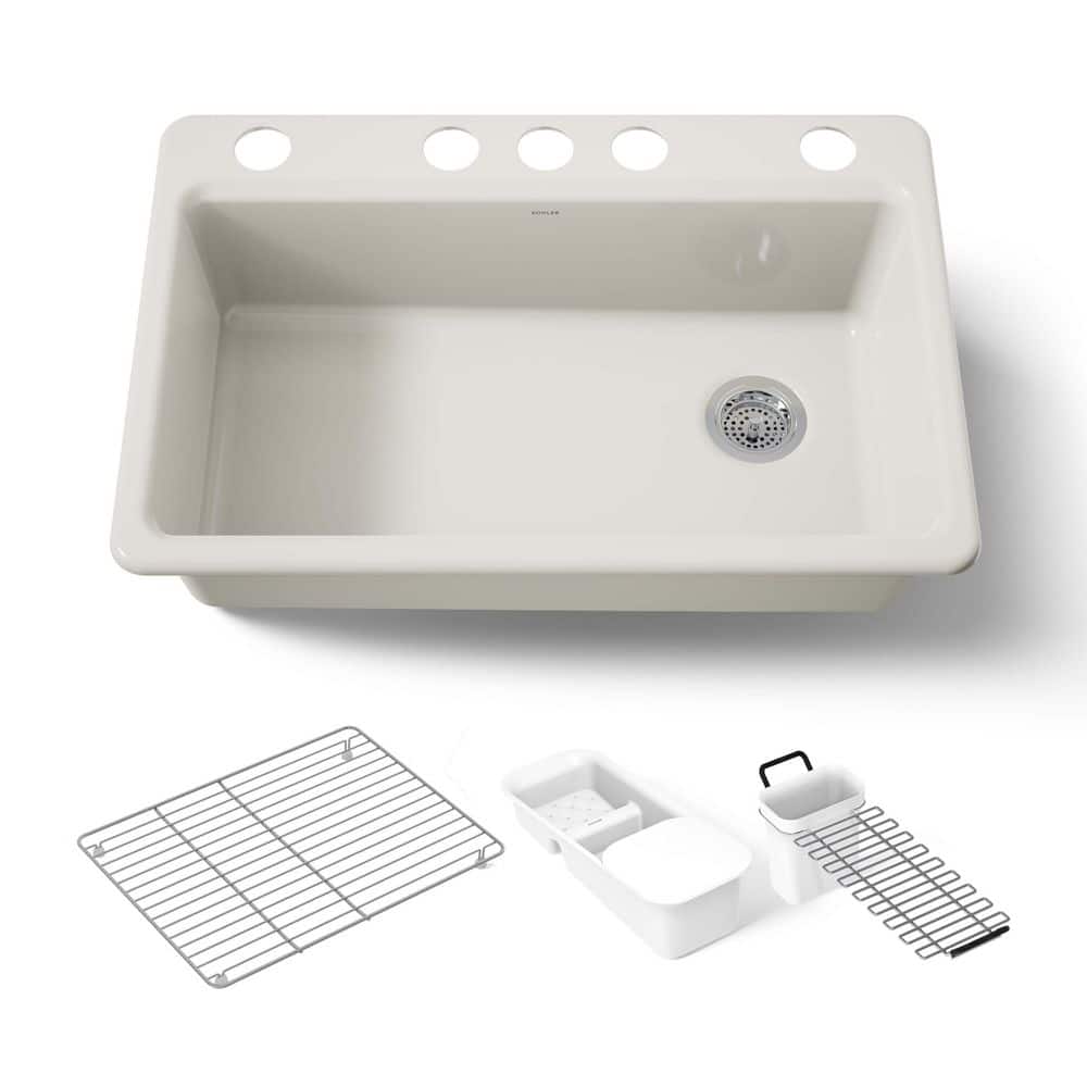 Riverby Undermount Cast-Iron 33 in. 5-Hole Single Bowl Kitchen Sink Kit with Accessories in Biscuit price history on PriceWatchPro