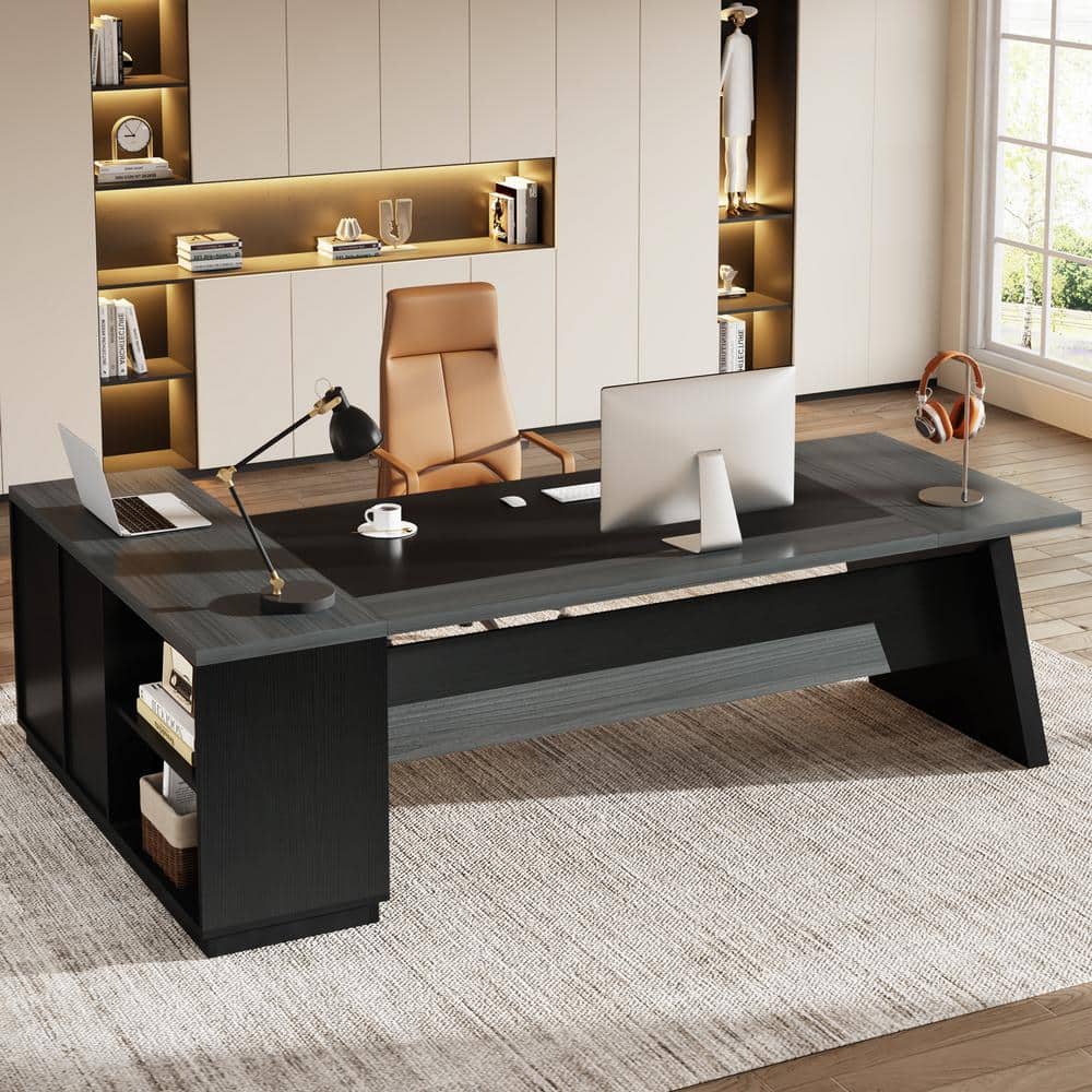 Capen 78 in. L Shaped Gray and Black Wood Executive Desk with Lateral File Cabinet, Modern Computer Desk for Home Office