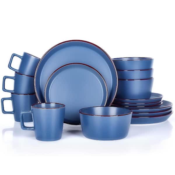 16-Piece Blue Organic Clay Stoneware Dinnerware Set with Plates Bowls and Cups Service for 4