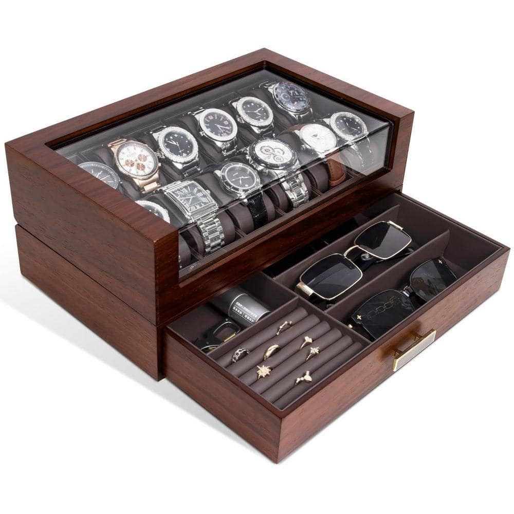 High-End 12-Slot Wooden Watch Box with Drawer and Glass Lid, Brown, 13. ...
