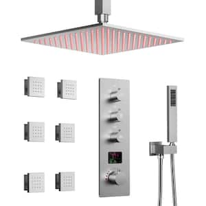Smart LED And Temp with Valve 7-Spray Ceiling Mount 12 in. Fixed and Handheld Shower Head 2.5 GPM in Brushed Nickel