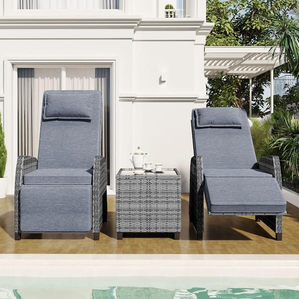 Zeus & Ruta 3-Piece Grey Wicker Patio Conversation Set with 1 Coffee Table and Grey Cushions for Backyard