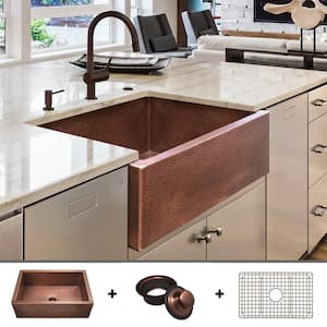 Luxury 30 in. Heavy 12-Gauge Copper Farmhouse Kitchen Sink, Flat Front, Single Bowl, Includes Grid and Flange