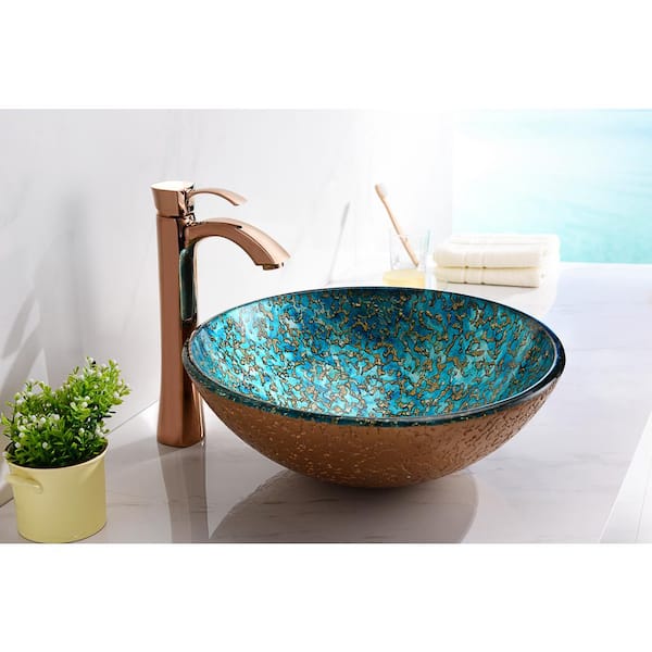 Chrona Series 17 in. Round Bathroom Vessel Sink with Stain-Resistant Non-Porous Surface in Gold/Cyan Mix Finish Glass