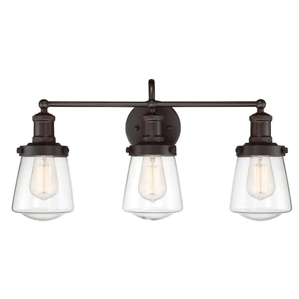Designers Fountain Taylor 22.75 in. 3-Light Satin Bronze Industrial Vanity Light with Clear Glass Shades