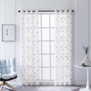 Beige Leaf Embroidered Grommet Sheer Curtain - 54 in. W x 54 in. L