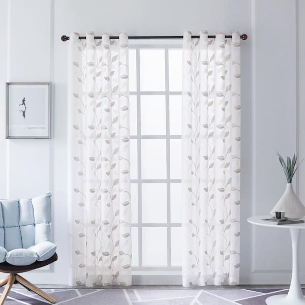 Lyndale Decor Beige Leaf Embroidered Grommet Sheer Curtain - 54 in. W x 54 in. L