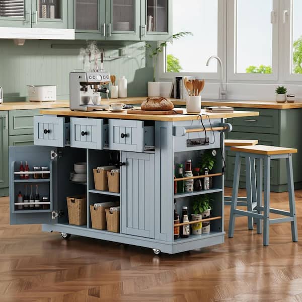 Farmhouse Gray Blue Wood 53.14 in. Power Outlet Drop Leaf Kitchen Island Cart with 5-Open Side Racks and 3-Drawer