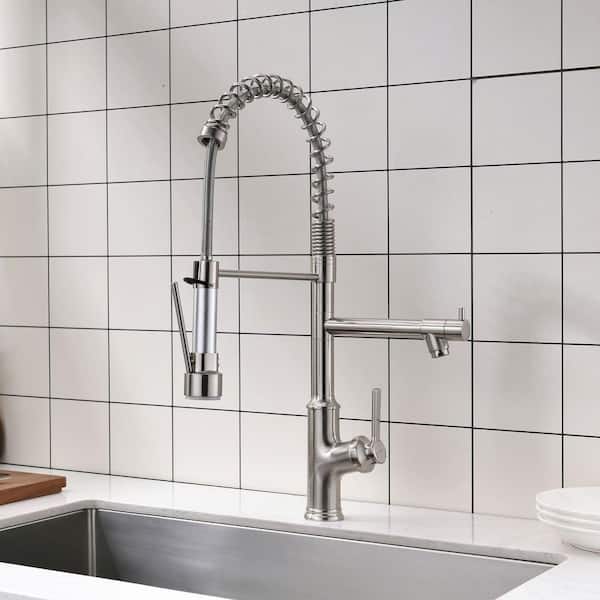 FLG Double Handle Pull Down Kitchen Faucet with Sprayer in Brushed Nickel