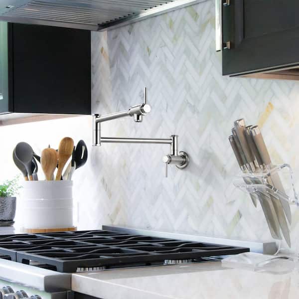 Commercial Solid Brass Wall Mounted Pot Filler Faucet with Double-Joint Swing Arm in Brushed Nickel