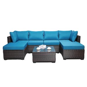 Brown 7-Piece PE Rattan Wicker Outdoor Patio Conversation Set with Blue Cushions and Coffee Table