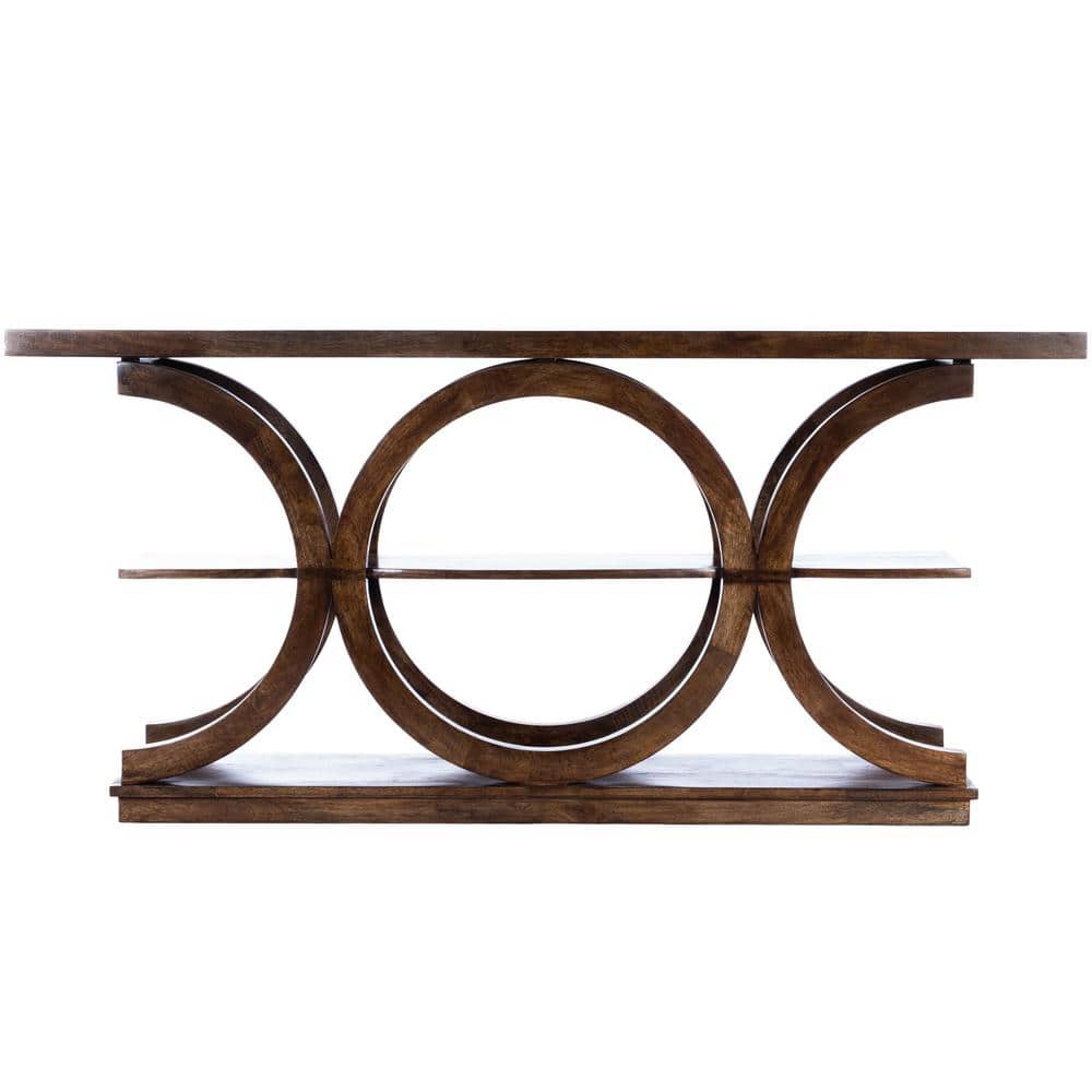 Stowe Solid Mango Wood and Glass 3-Tier Console Table in Dark Brown