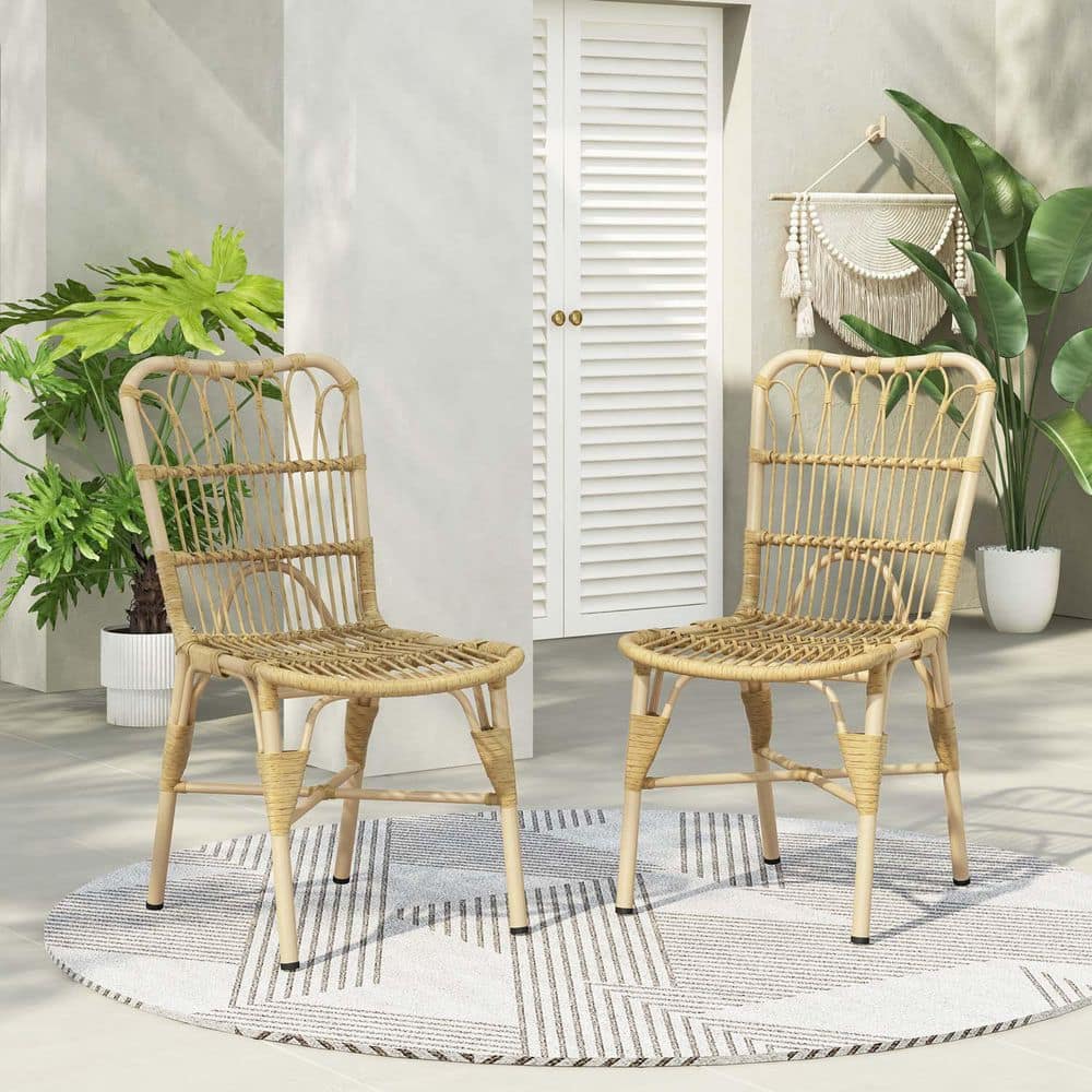 PE Wicker Patio Dining Chairs Set of 2 Outdoor Dining Wicker Chairs with Ar