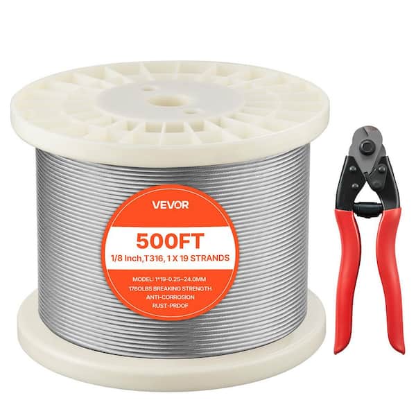 1/8 In. Wire Rope, 1760 lbs. Breaking Strength, 1 x 19 Strands Construction, 500 ft., 316 Stainless Steel Wire Cable