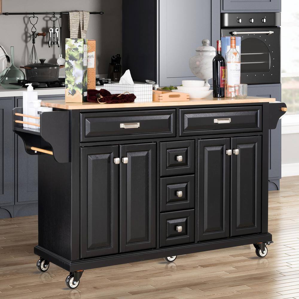 Black Rubber wood Kitchen Cart with Towel Rack and Spice Rack