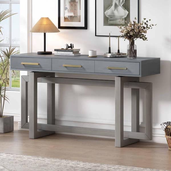 57 in. Antique Gray Rectangle Wood Console Table with 3 Drawers, Extra Long Entryway Table