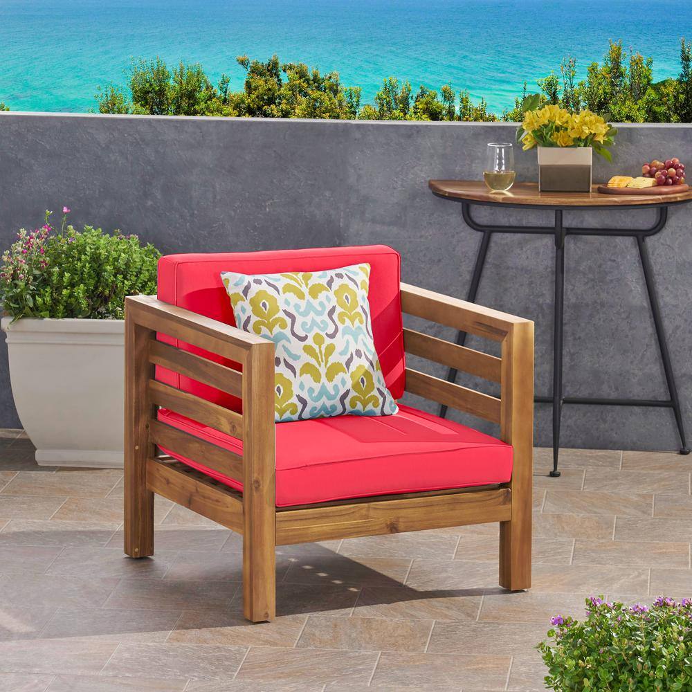 Teak Brown Lounge Chair with Plush Red Cushions