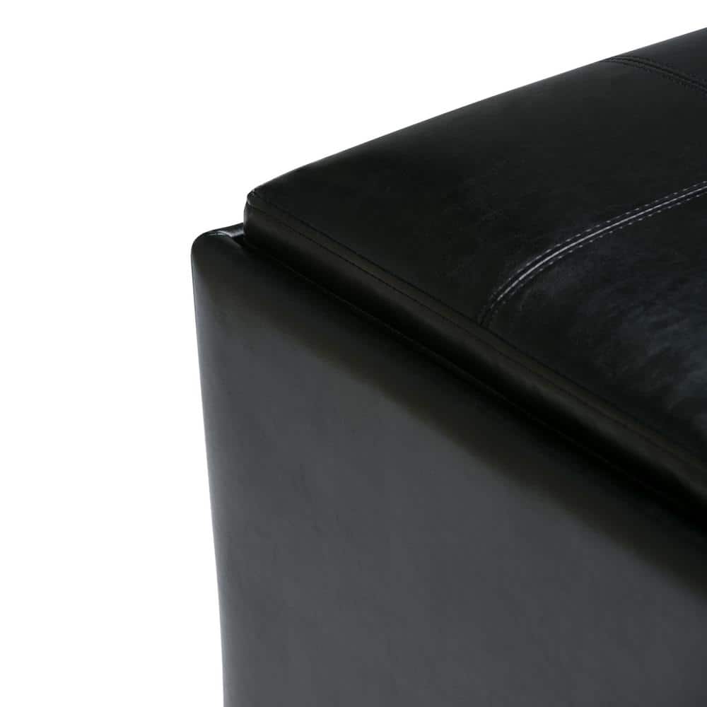 Midnight Black Faux Leather Coffee Table Ottoman with Trays