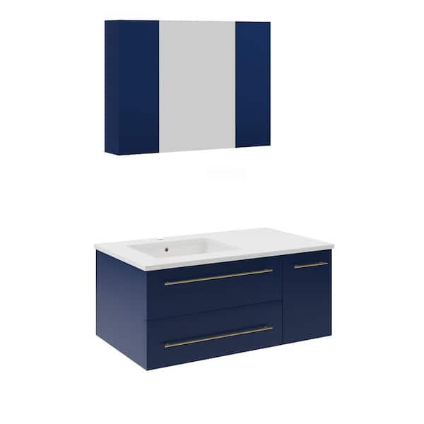 Fresca Lucera 36 in. Single Wall Mount Royal Blue Bath Vanity with White Quartz Top, Undermount Left Sink and Medicine Cabinet