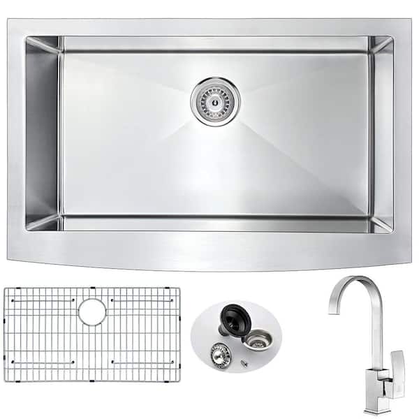 ANZZI ELYSIAN Farmhouse Stainless Steel 32 in. Single Bowl Kitchen Sink and Faucet Set with Opus Faucet in Brushed Nickel