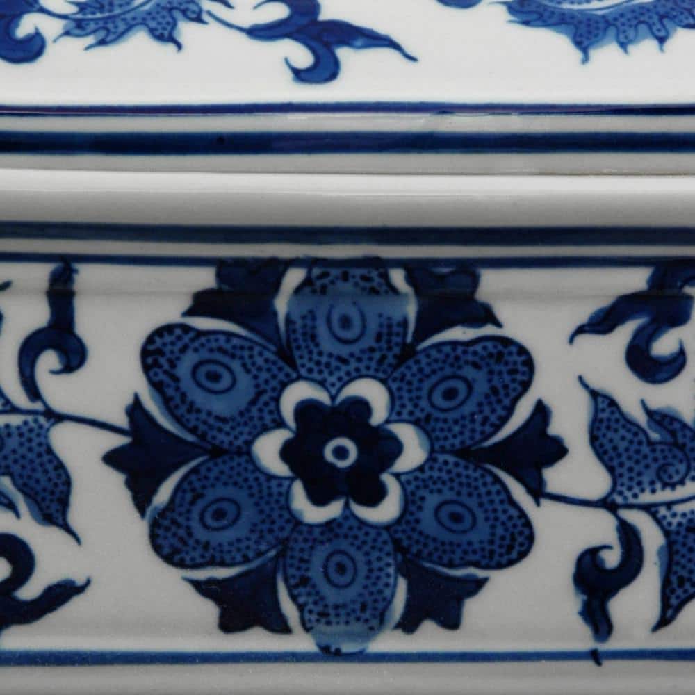 Blue and White Floral Porcelain Rectangular Storage Jar