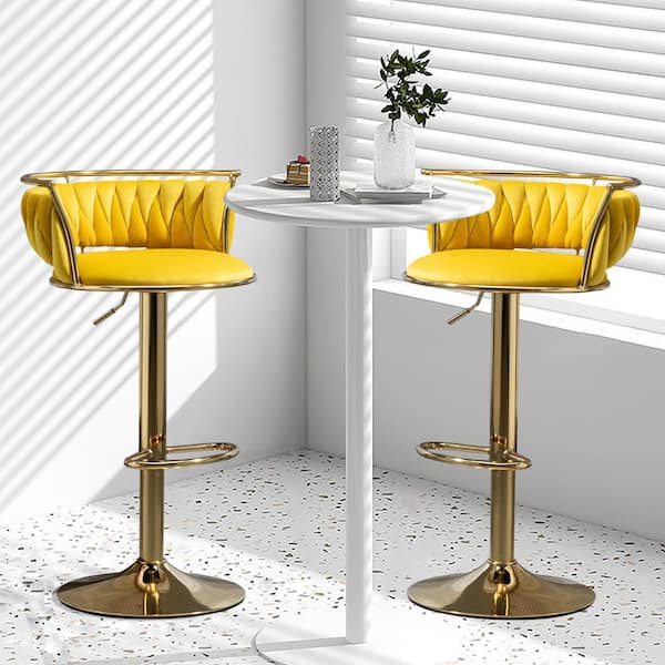 38.5 in. Yellow Low Back Metal Frame Swivel Adjustable Height Bar Stool with Velvet Seat (Set of 2)