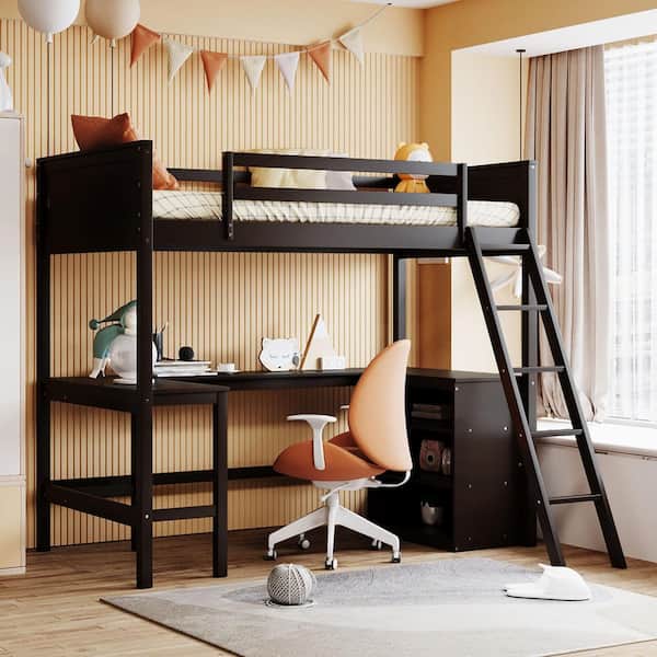 Polibi Twin size Loft Bed with Shelves and Desk, Wooden Loft Bed with Desk-Espresso