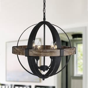 Landwehr 4-Light Rustic Black Globe Hanging Candlestick Chandelier with Wood Accents