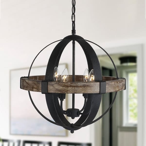 Parrot Uncle Landwehr 4-Light Rustic Black Globe Hanging Candlestick Chandelier with Wood Accents