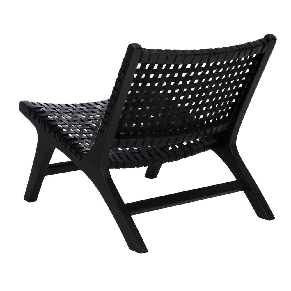 Luna Black Leather Woven Accent Chair with Sungkai Wood Frame