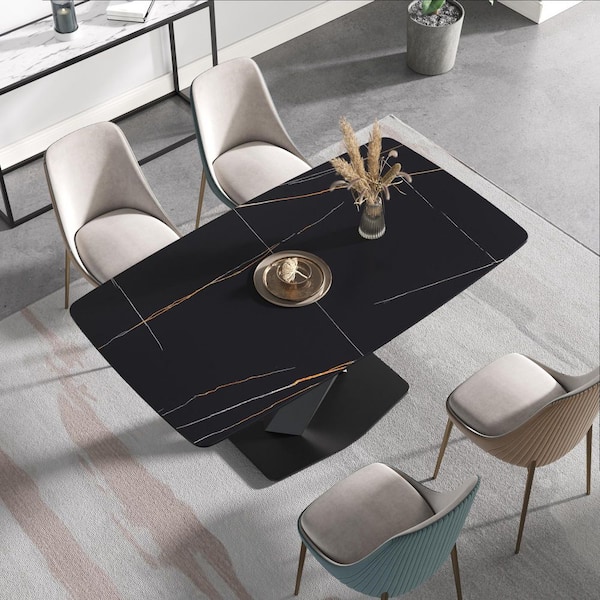 63 in. Black Pattern Rectangle Sintered Stone Top Pedestal Black Carbon Steel Base Dining Table (Seats-6)