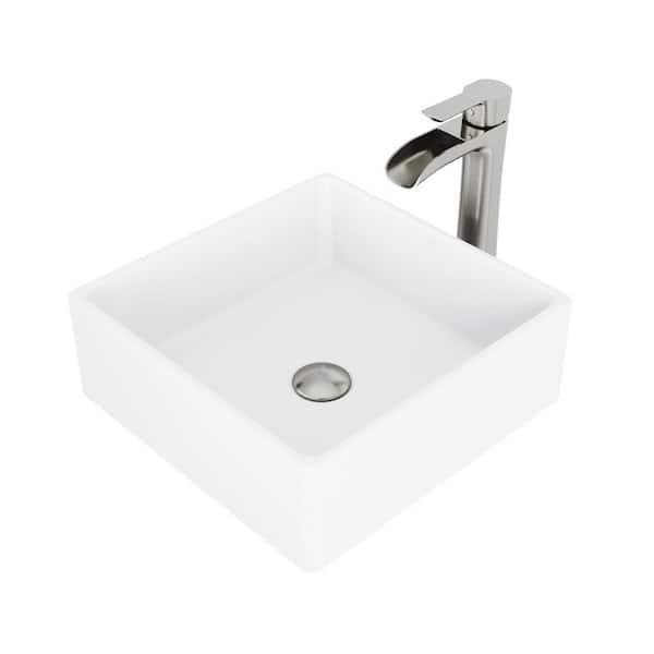 VIGO Dianthus Handmade Matte Stone Square Vessel Bathroom Sink in Matte White VIGO Dianthus Handmade Matte Stone Square Vessel Bathroom Sink in Matte White