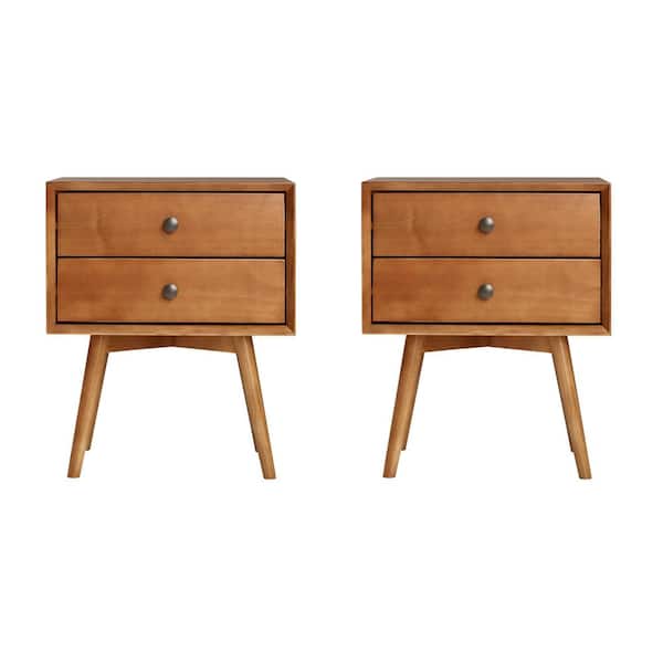 Walker Edison Furniture Company Mid-Century 2-Drawer Solid Wood Caramel Nightstand (2-Pack)