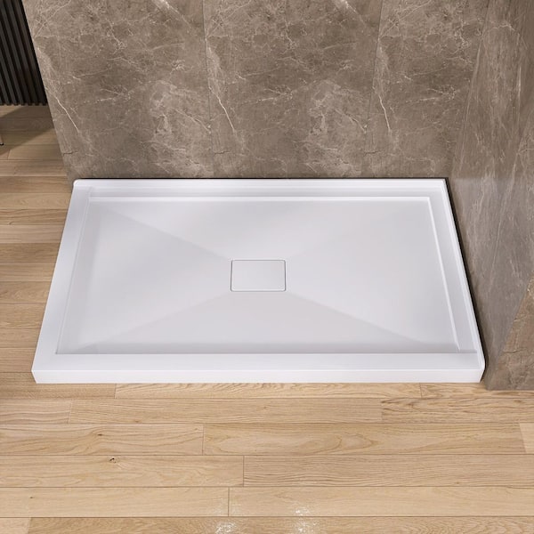60 in. x 36 in. Acrylic Single Threshold Corner Rectangular Shower Pan Base with Center Drain Hole and Cover in White