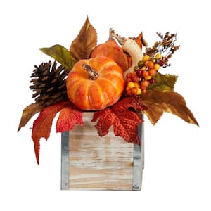 8 in. Orange Fall Pumpkin, Gourd, Berries and Pinecones Artificial Autumn Arrangement in Natural Washed Vase