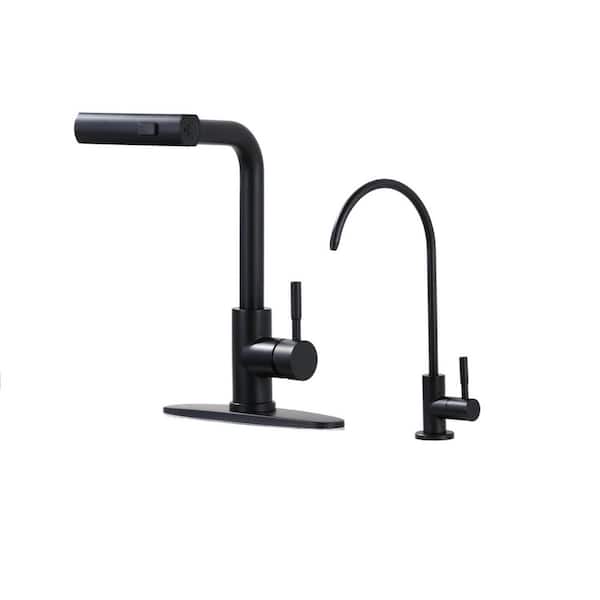13.5 in. H Single Handle Pull Out Sprayer Kitchen Faucet w/360° Spout Swivel and Water Filter Faucet in Matte Black