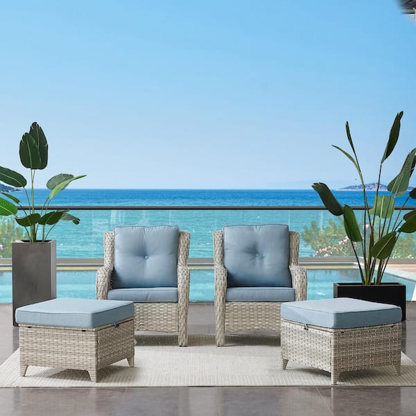 ArcoBay 4-Piece Light Beige Wicker Outdoor Lounge Chairs Patio Armchairs with Baby Blue Cushions and Ottomans