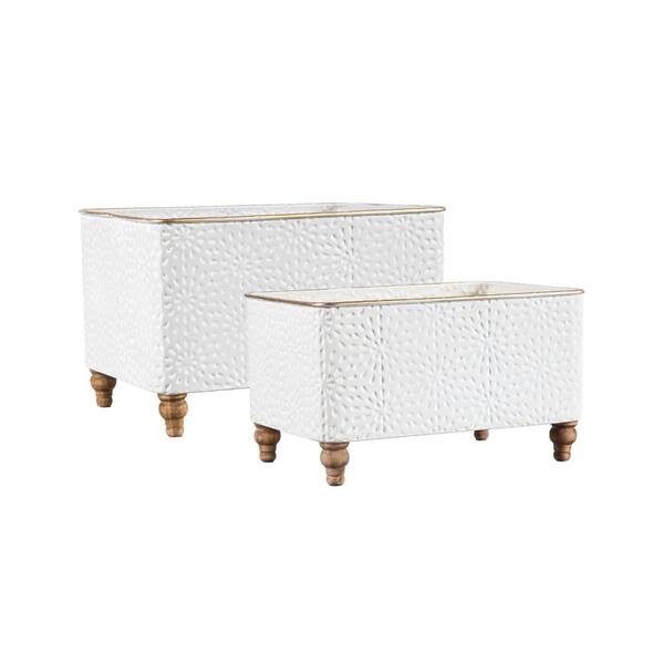 Evergreen Stamped Metal Floral Meadows Planter with Wooden Legs, (Set of 2)