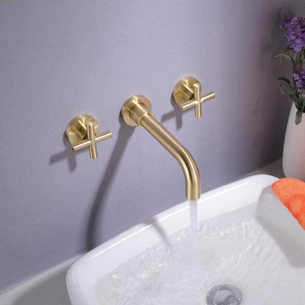 Brushed Gold Double Handle Wall Mount Bathroom Faucet