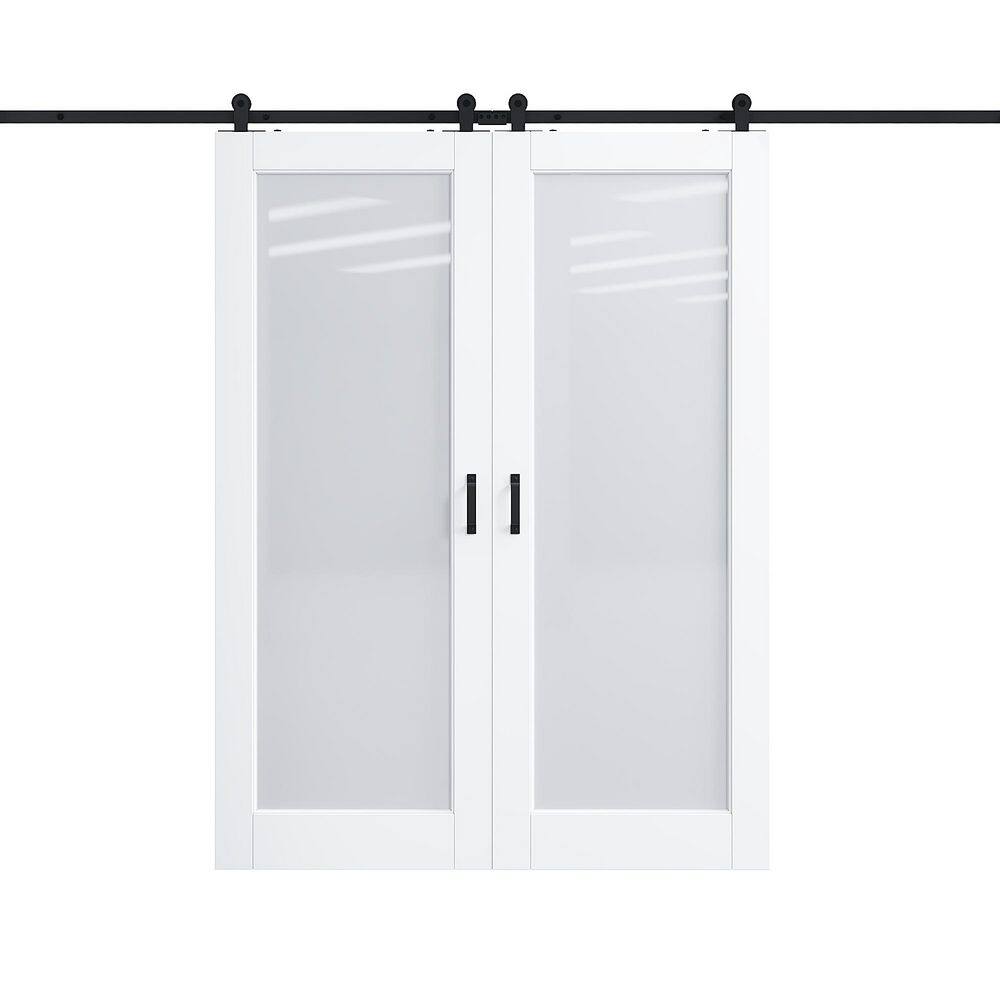 60 in. x 80 in. 1 Lite Frosted Glass White Primed MDF Top Mount Sliding Barn Door with Hardware Kit (T Shape Hanger) price history on PriceWatchPro