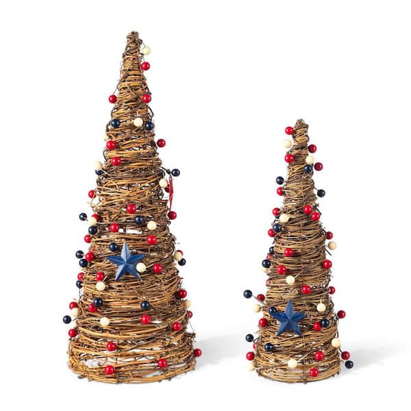 16.00 in. H Patriotic/ Americana Rattan Stars and Berry Cone Table Tree (Set of 2)