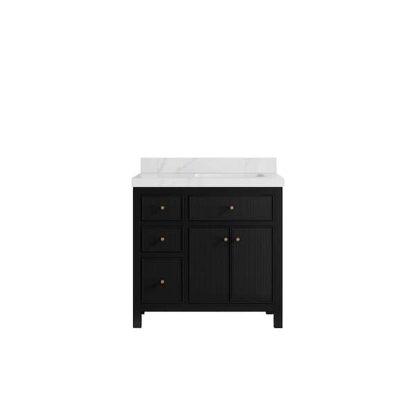 Willow Collections Sonoma 36 in. Right Sink Freestanding Black Bath Vanity with Calacatta Sienna Quartz Top Unassembled