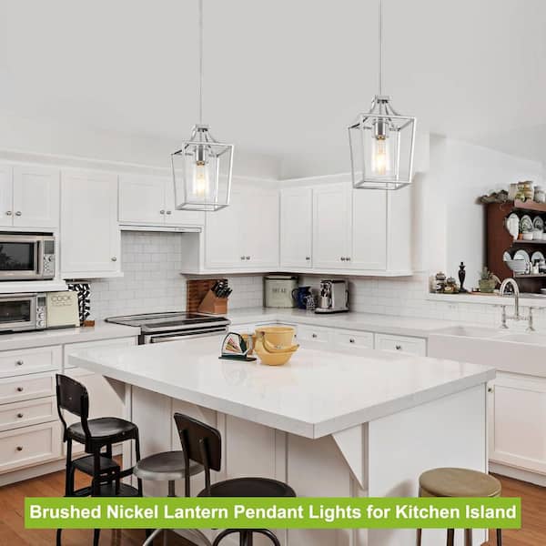 60-Watt 1-Light Brushed Nickel Lantern Pendant Light with Clear Glass Shade and Bulb Not Included for Kitchen Island