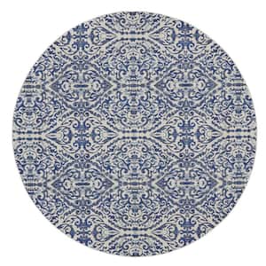 9' Round Blue and Ivory Floral Area Rug