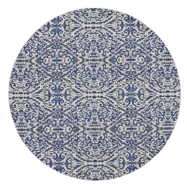HomeRoots Blue and Ivory Floral 9 ft. Round Area Rug