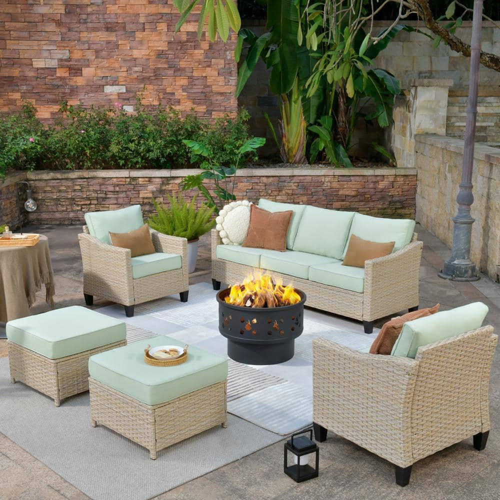 Oconee 6-Piece Wicker Outdoor Patio Conversation Sofa Seating Set with a Wood-Burning Fire Pit and Light Green Cushions -  HOOOWOOO, WFP-DAR906