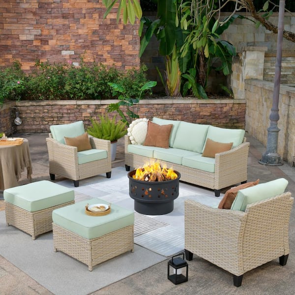 HOOOWOOO Oconee 6-Piece Wicker Outdoor Patio Conversation Sofa Seating Set with a Wood-Burning Fire Pit and Light Green Cushions