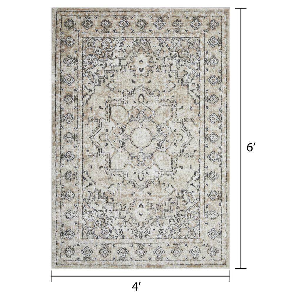 Off-White Floral Medium Pile Synthetic Area Rug 4' x 6'